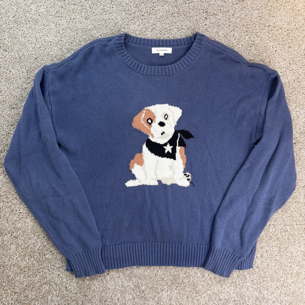 No Comment Sweater Womens M Blue Dog Graphic Crew Neck Knit Pullover Long Sleeve